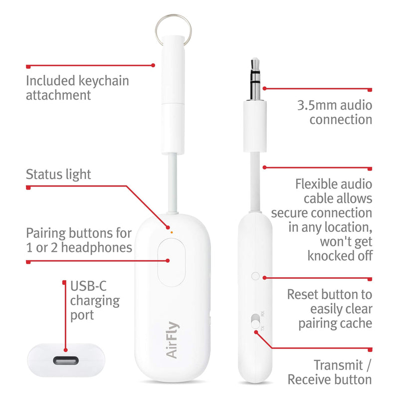Twelve South AirFly Pro Deluxe | Bluetooth Wireless Audio Transmitter/Receiver for up to 2 AirPods/Wireless Headphones Use with 3.5mm Audio Jack; International Headphone Adapter & Travel Case White