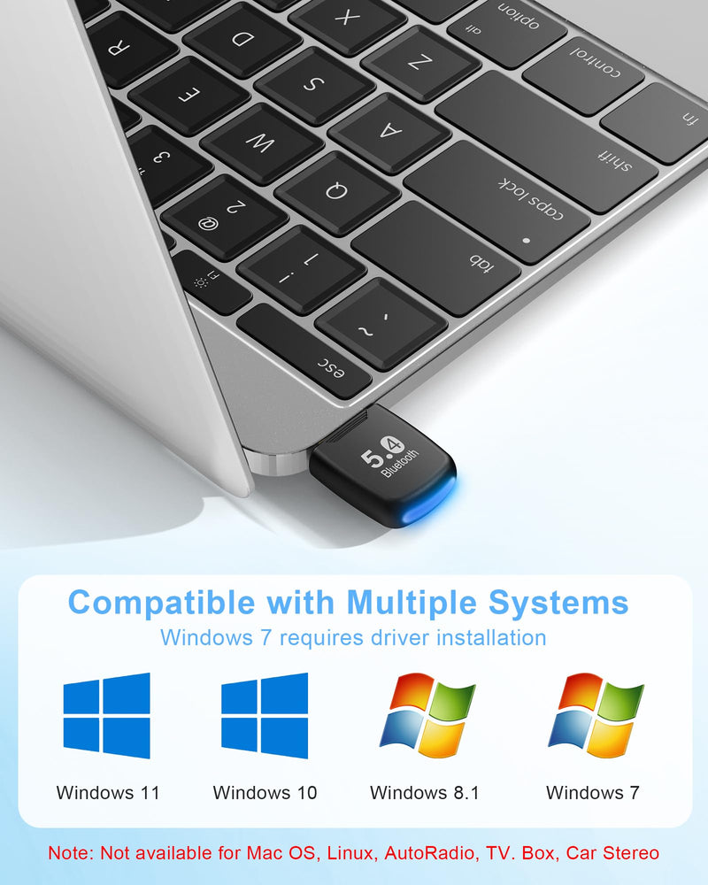 5.4 Bluetooth Dongle - 20M Range USB Adapter for PC, Plug and Play, Supports Laptop Headphones, Keyboard, Mouse - Windows 11/10/8.1