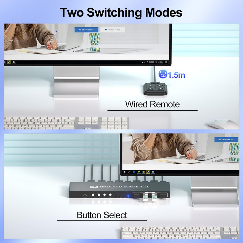 HDMI KVM Switch 1 Monitors 4 Computers, 8K@60Hz 4K@120Hz USB 3.0 4 Port HDMI KVM Switch for 4 PCs Share 1 Set of Keyboard, Mouse and Monitor