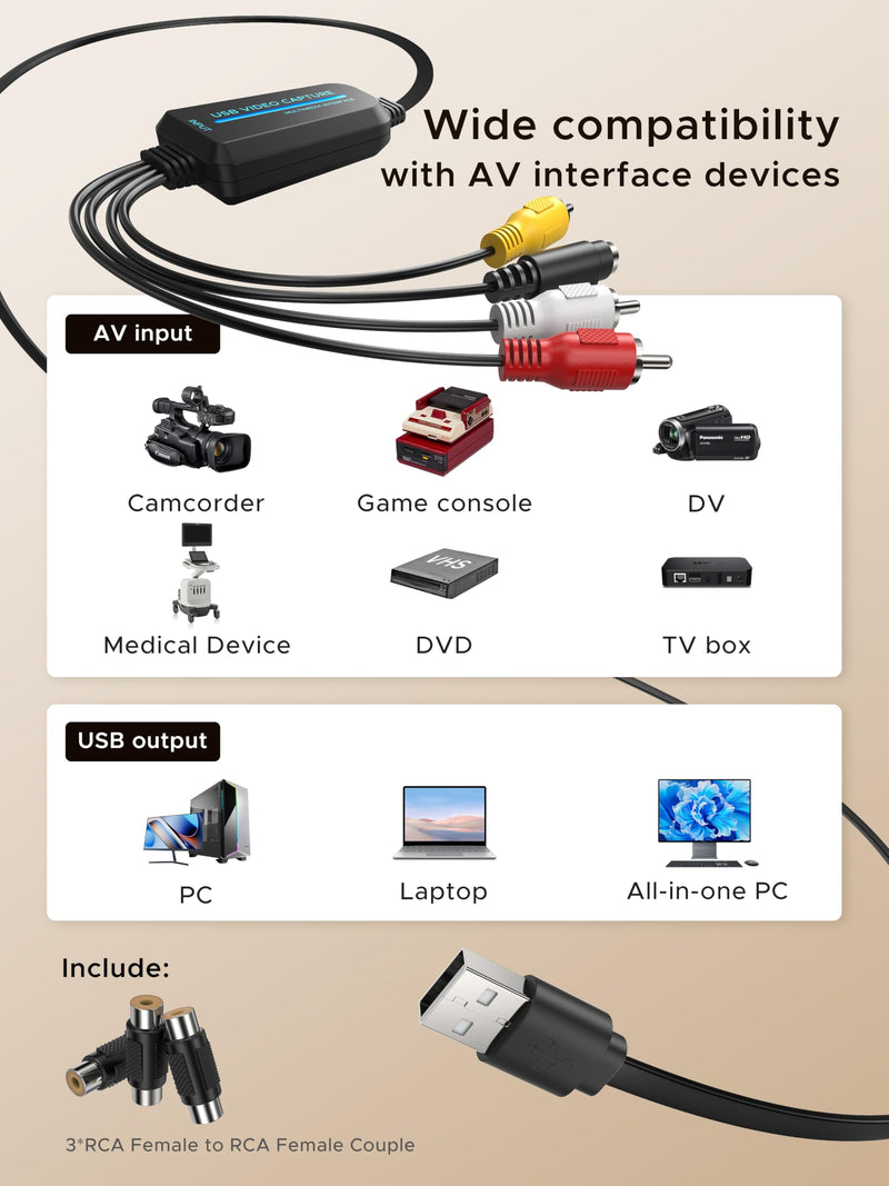 VHS to Digital Converter -1080p USB 2.0 Capture Card- Convert VHS, Mini DV, Hi8, DVD & VCR to Digital for Mac/Windows