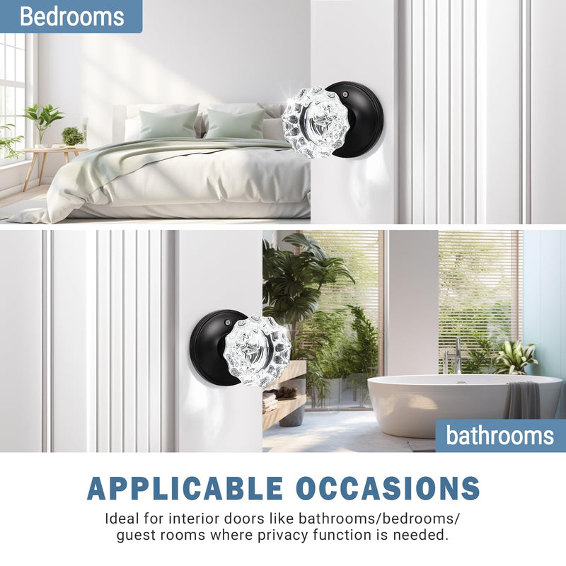 KNOBWELL Modern Round Crystal Door Knobs with Lock, Frosted Glass Door Knobs Interior, Privacy Function for Bed and Bath, Matte Black Door Lock 1 Pack