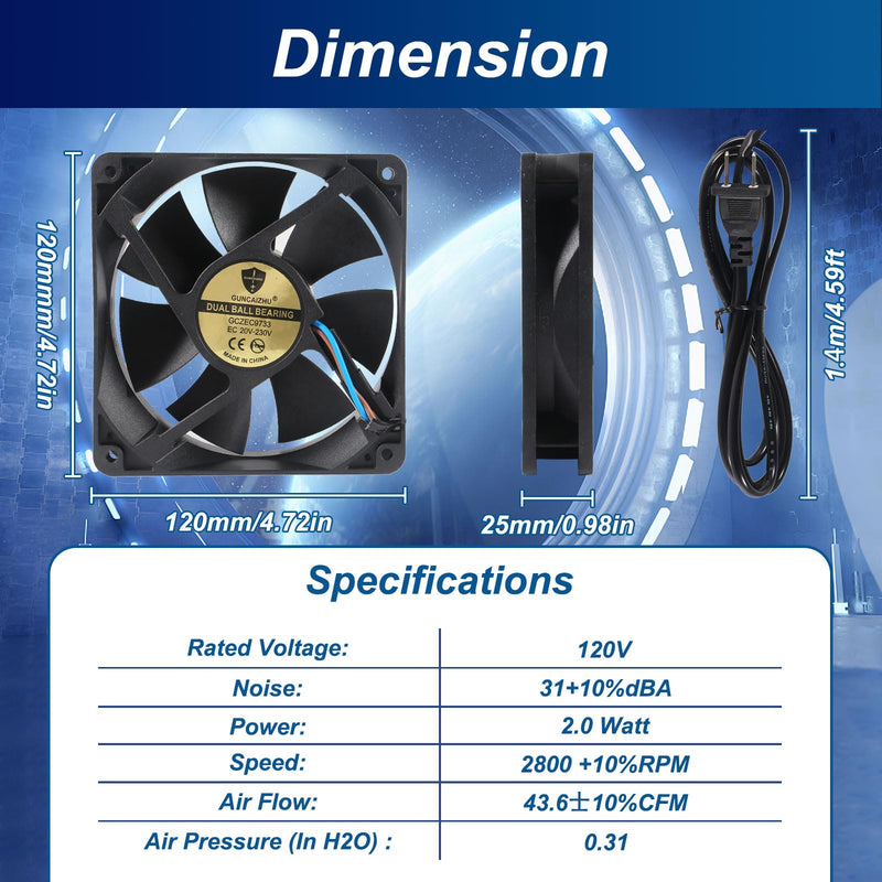 Computer Fan with AC Plug, 120mm x 25mm EC Axial Fan AC 110V 115V 120V 220V 240V, Brushless Cooling Fan with Dual Ball Bearings for Desktop DIY Cooling Ventilation Projects