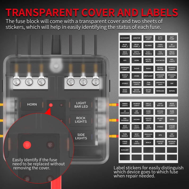 DaierTek 12V Fuse Block 6 Way with LED Indicator Light 12 Volt Fuse Box ATO/ATC Marine Fuse Panel Waterproof 24V for Automotive Boat Car Truck 6 Way Fuse Block