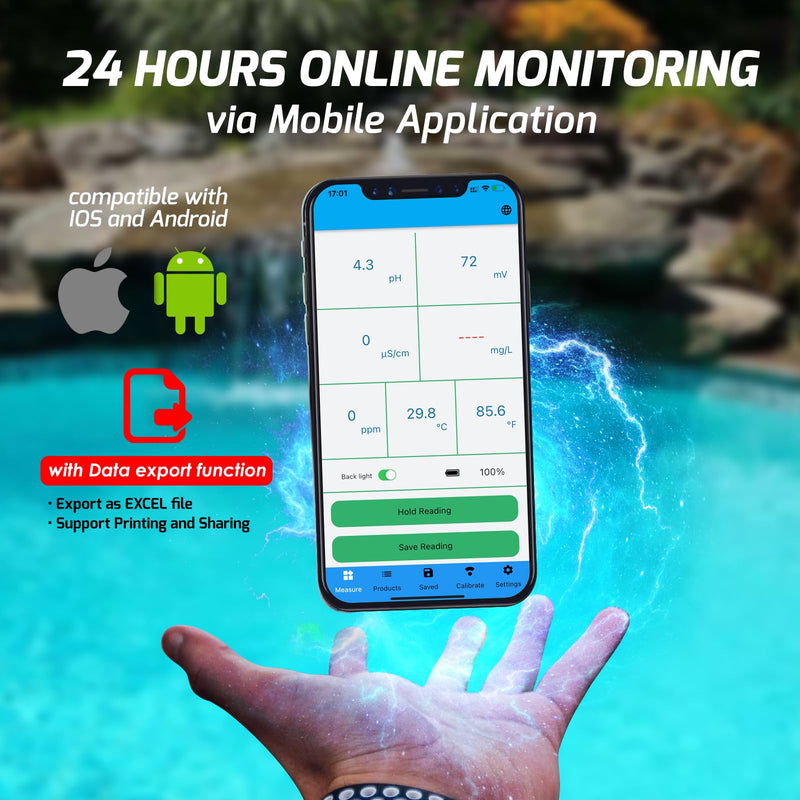 6-in-1 Digital Floating Water Monitor with Bluetooth | Real Time PH, EC, ORP, Chlorine, Salinity and Temperature Tests | 1000 Data Sets, Waterproof IP67, 24-Hour Monitoring