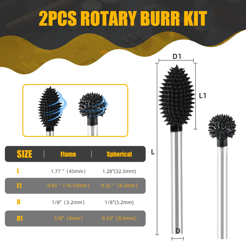 CAELUM 2Pcs Carbide Rotary Burr Kit, 1/8" Shank Wood Carving Burr Bits for Dremel Rotary Tools, Coarse Sphere & Flame Bits for Fast Shaping, Hollowing, Grooving, Wood, Plastic, Rubber & Foam 2Pcs-Flame, Sphere