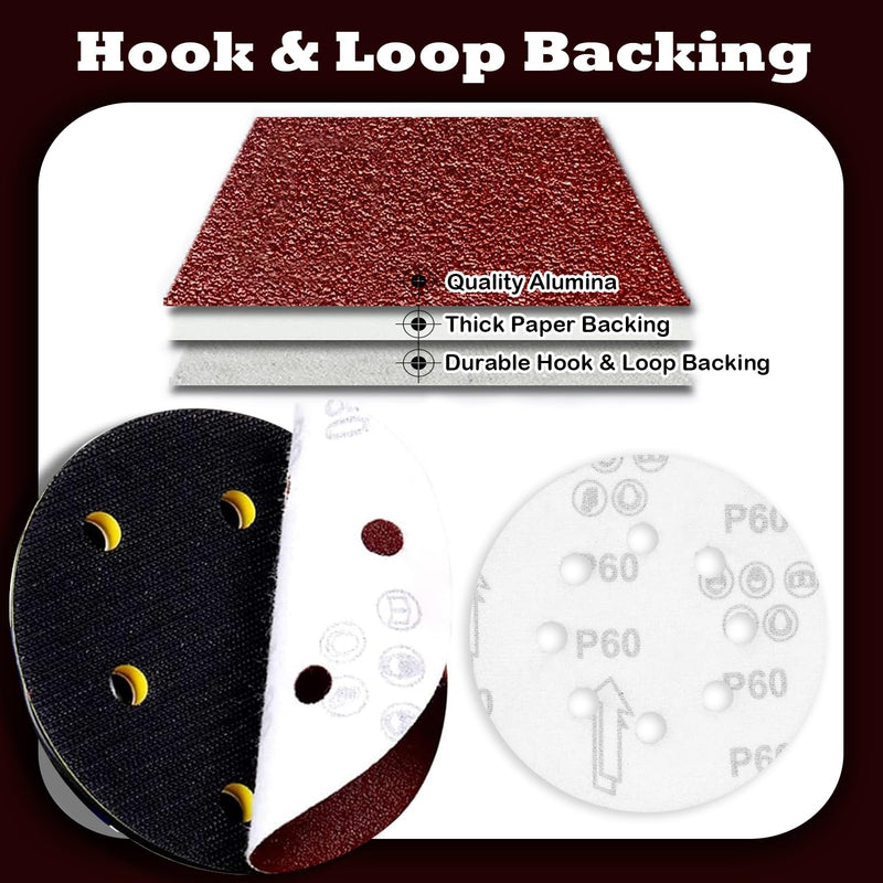 Pack of 110 Sandpaper 125 mm, Sanding Discs 125 mm 8 Holes Round (18 x P40/60/80/100/120, 10 x P180/240 Grit), Sanding Sheets for Random Orbital Sanders (Abrasion-Resistant, Does Not Release Grains)