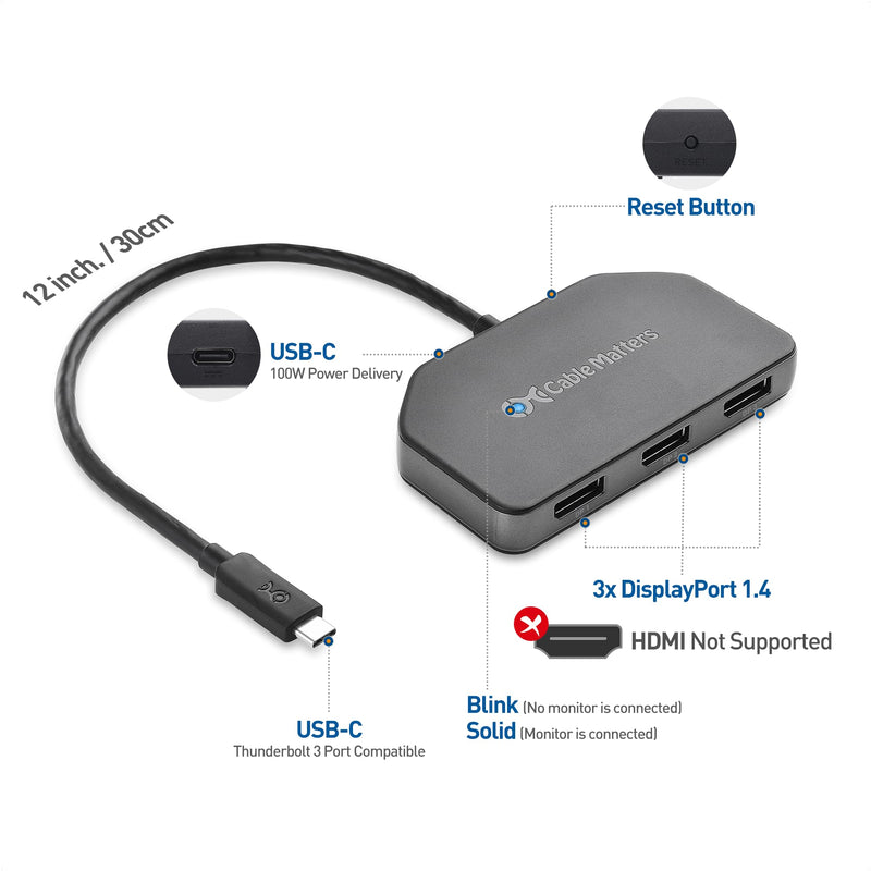 Cable Matters Windows Only Triple Monitor USB C Hub with 3X DisplayPort and 100W Charging - Support up to 8K and 4K 120Hz HDR - Thunderbolt 4, USB4 Compatible for Surface Pro, XPS