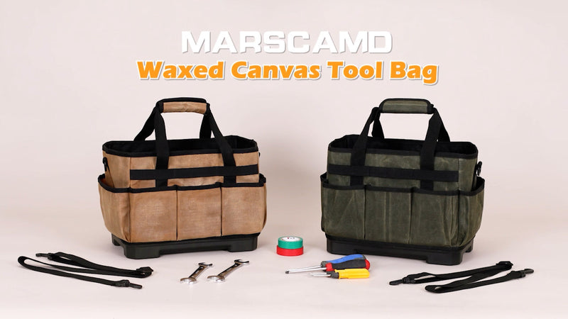 Marscamd Waxed Canvas Tool Bag with Hard Bottom and 8 Pockets Dark Green