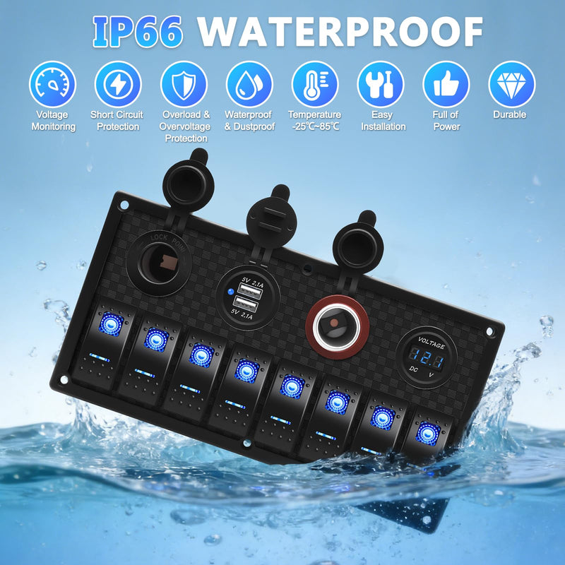 Geloo 8 Gang Marine Rocker Switch Panel, Boat Switch Panel Waterproof, 12V Switch Panel Toggle Switches Panel with LED Circuit Breaker 3.1A USB Charger Voltmeter ON/Off for Car Rvs Vehicles (Blue) Blue