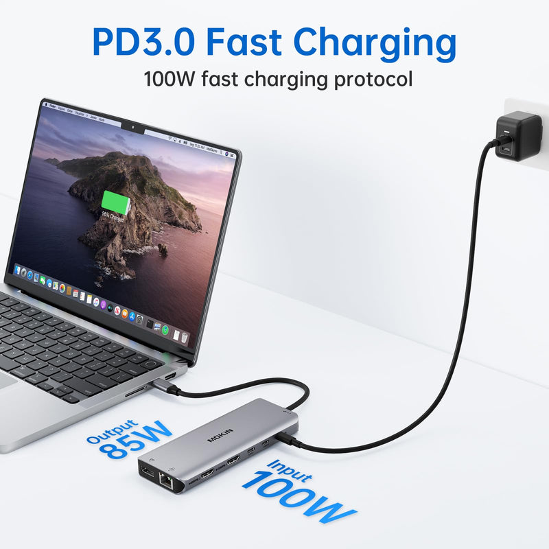 USB C Laptop Docking Station Dual Monitor Dual HDMI 4k DP Triple Display Hub 10G, 13 in 1 MOKiN USB C Hub with 3 Monitors,Displayport,USB3.1,RJ45,100W PD,Card Reader,Audio/Mic, for Dell HP Lenovo Silver