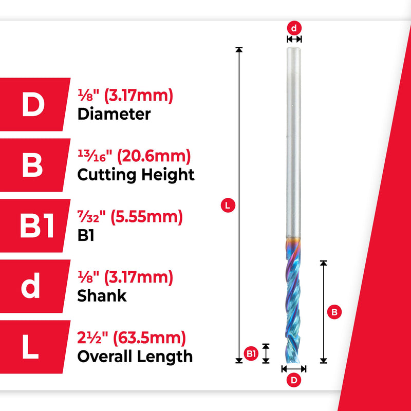 Amana Tool Spektra Extreme Tool Life Solid Carbide CNC Compression Spiral Router Bit, 46015-K, 1/8 D x 13/16 CH x 1/8 Shank x 2-1/2 Inch Long 3 Flute 1/8 x 13/16 x 1/8 x 2-1/2 - 3 Flute