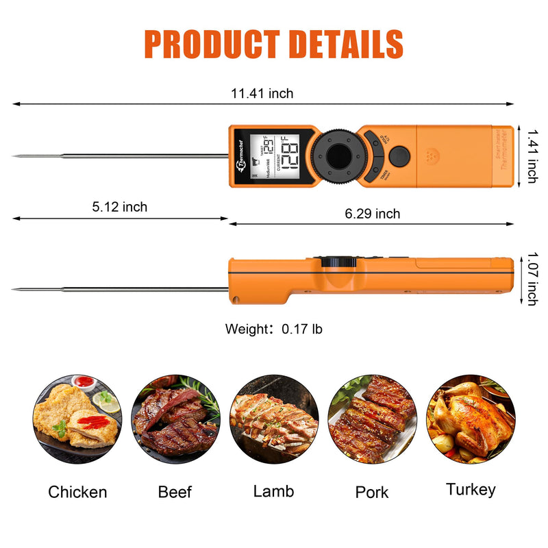 Digital Meat Thermometer for Grill, Instant Read Food Thermometers for Cooking with Food Doneness Guide, Calibration and LCD Backlight Screen, High Accuracy ±1% ℉, BBQ Beef Candy Orange