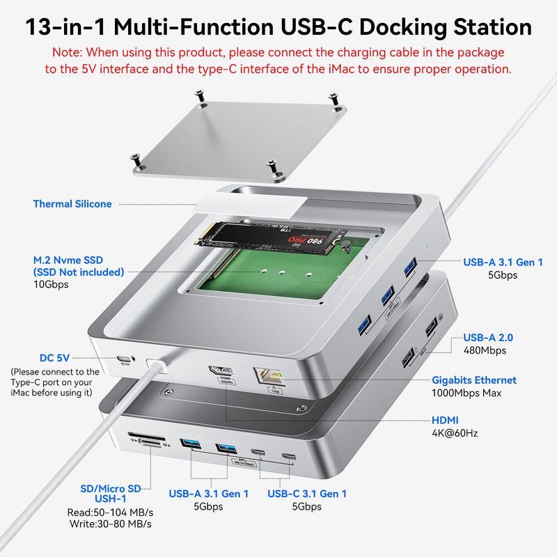 13-Port USB C Hub for iMac 24 inch 2021/2023/2024, iMac Accessories for iMac M1/M3/M4, iMac USB Hub with 5 USB-A & 2 USB-C 3.0 Ports, 4K@60Hz HDMI, 1Gbps Ethernet, SD/TF, M.2 NVME SSD (Not Included)