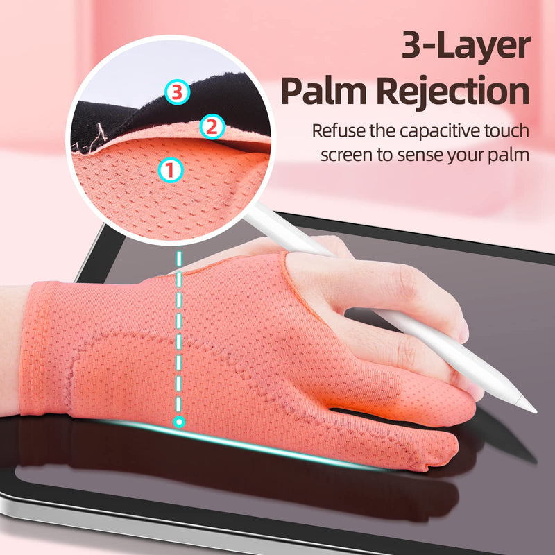 Artist Drawing Glove 3-Layer Palm Rejection [2 Pack] Right Left Hand Digital Art Graphic Tablet Gloves 2-pack Pink Gloves