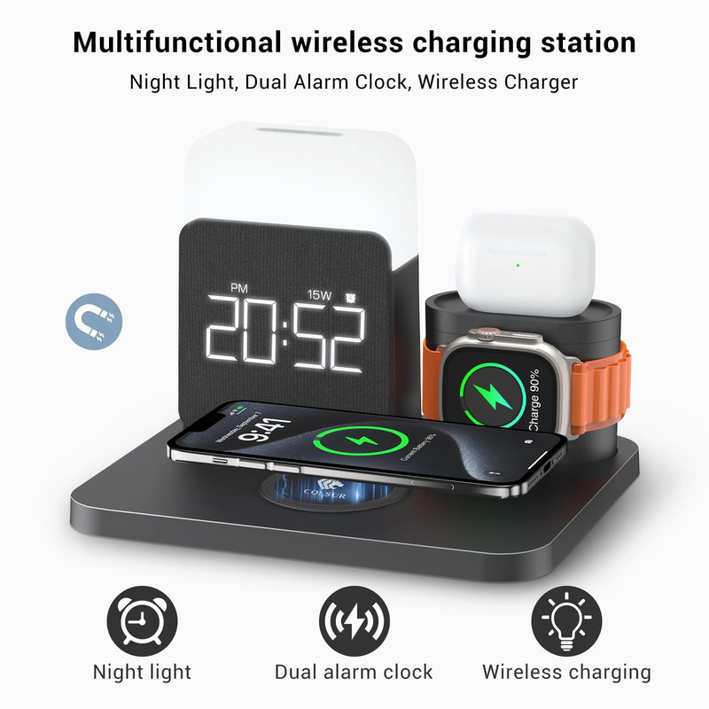 3 in 1 Charging Station for iPhone, Alarm Clock, Night Light, Wireless Charger for iPhone 15 14 13 12 11 X Pro Max & Apple Watch - Charging Stand Dock for AirPods