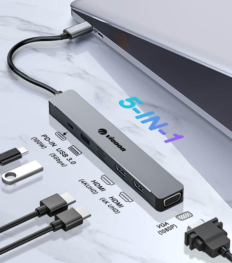 USB C Hub HDMI VGA Adapter for Triple Monitor, VIENON 5-in-1 Laptop Docking Station with Dual 4K HDMI+1080P VGA+USB 3.0+PD 100W Comaptible for MacBook Pro, XPS More 5-IN-1 Dual HDMI+VGA