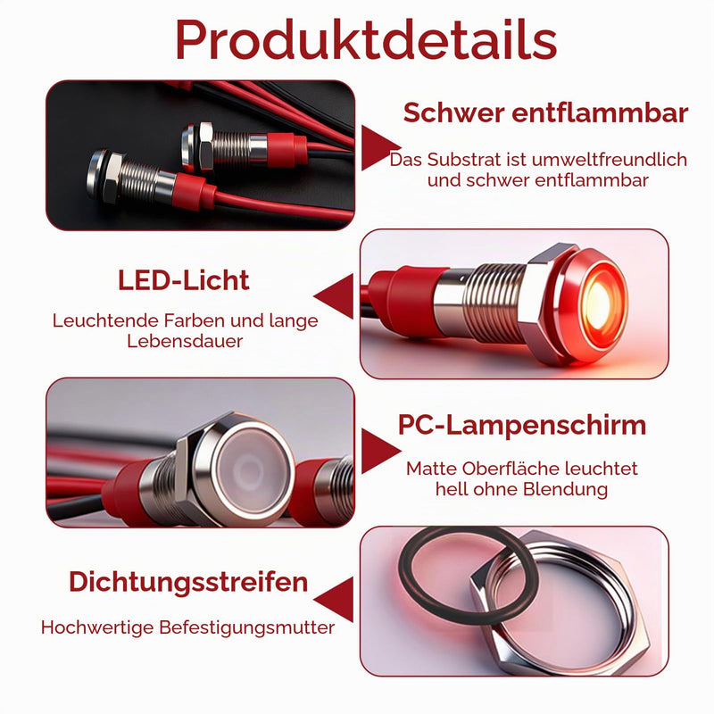 10pcs LED Indicator Light 12V-24V 6 mm, Metal Signal Lamp IP65 Waterproof, Wired Indicator Light Set for Car, Boat, Motorcycle, Truck, Cockpit Warning Light, 2 Pieces Each Red, Green, Yellow, Blue