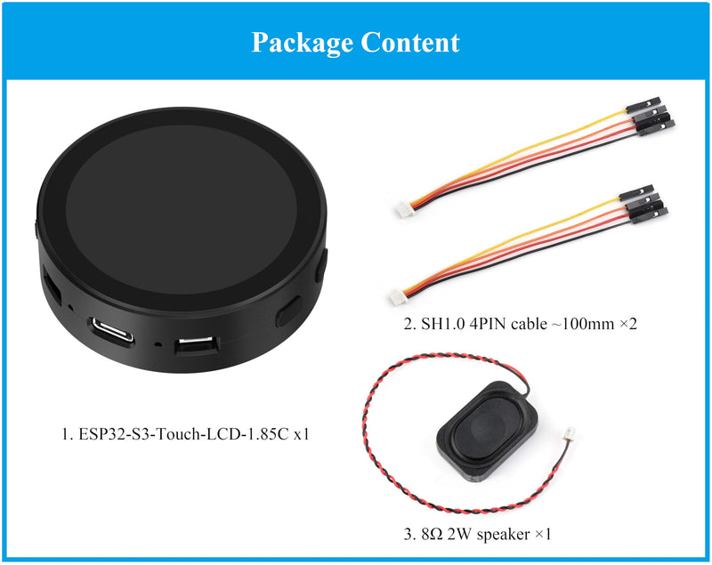ESP32-S3 with 1.85inch Touch Round LCD Development Board, 360x360, Supports Wi-Fi & BLE 5, AI Speech, Smart Speaker Box,Supports AI Speech Interaction and Offline Voice Control, with 8Ω 2W Speaker