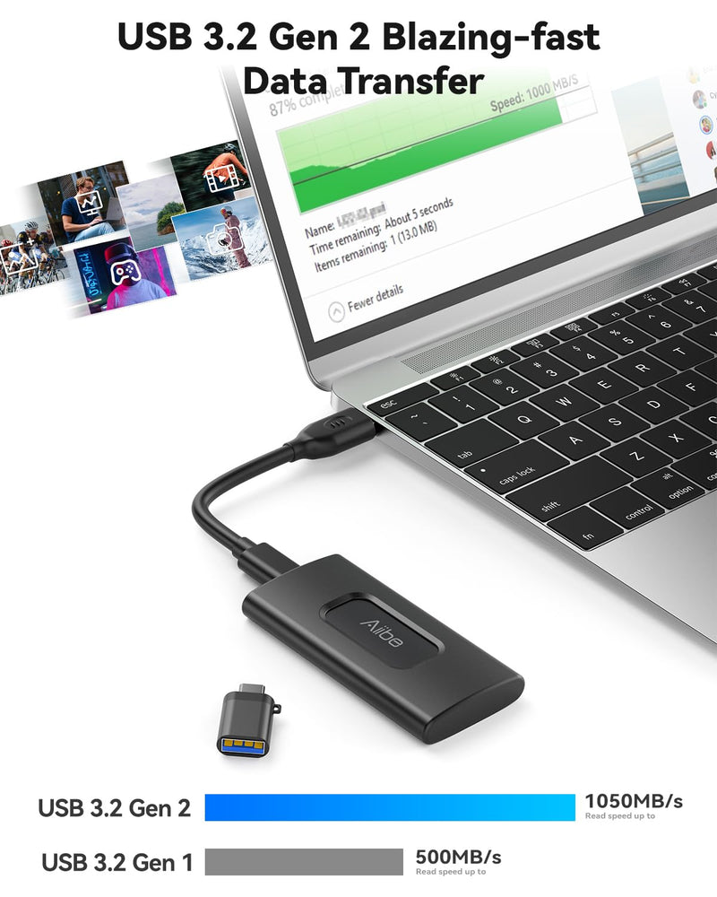 Aiibe 1TB External SSD USB C Portable SSD USB 3.2 Gen 2, Up to 1050MB/s, External Solid State Drive 1TB External Hard Drive for iPhone 16/15, Laptop, Mac and PS5 (Black) X5Plus