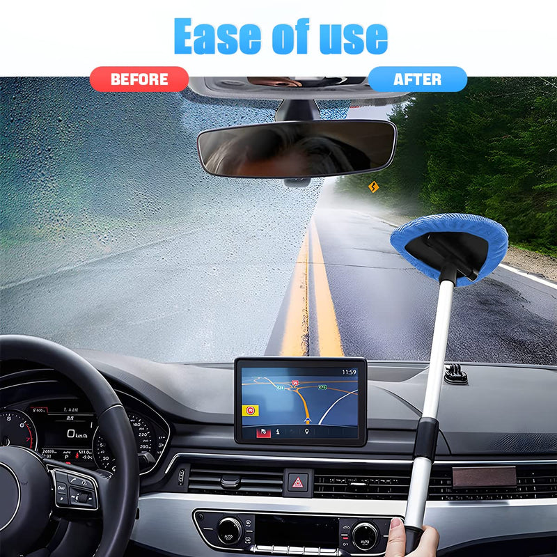 Windshield Cleaning Tool, Car Window Cleaner with Extendable Long Handle and 4 Washable Reusable Microfiber Pads, Auto Interior Exterior Glass Wiper Cleaning Kit Universal for Office and Home (Blue) Blue