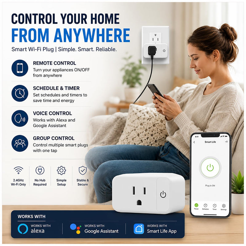 4 Pack Smart Home Wi-Fi Plugs - Alexa & Google Home Compatible, White, Toggle Switch, Automatic Operation 4 Pack