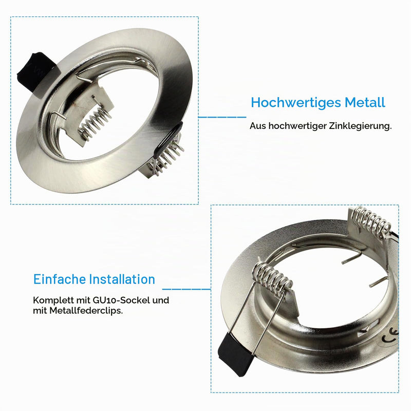 HiBay Set of 10 LED Recessed Spotlights, 230 V, GU10 Spotlights, 5 W, Warm White Ceiling Spotlights, Brushed Stainless Steel, Round + GU10 Socket | Deckenspots Edelstahl Gebürstet Rund inkl. GU10 Fassung Einbauspot für Wohnzimmer Schlafzimmer Flur Büro