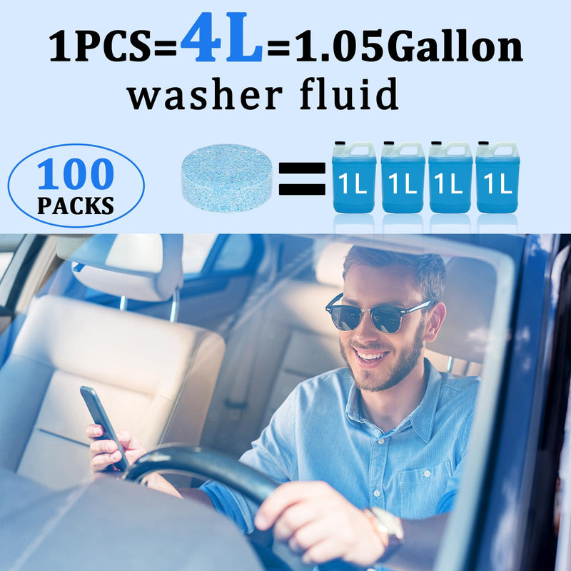 100 Pieces Windshield Washer Tablets, Economy 100 Gallons Windshield Wiper Fluid, 1 Piece Makes 1 Gallons, Professional Car Window Cleaner, Remove Glass Stains, (Winter: Use With De-Icer or Methanol) 100 Pieces