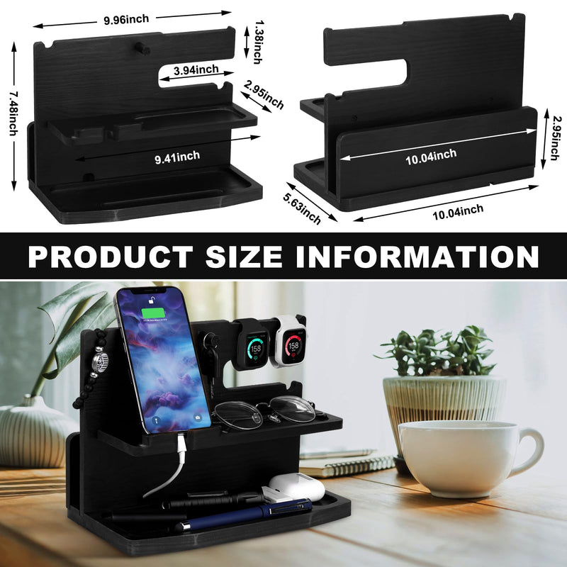 Gifts for Men Desk or Nightstand Organizer - Wood Phone Docking Station - Birthday Gifts for Husband, Fathers Day for Dad - Anniversary Idea from Wife - Key Holder, Stand Wallet, Watch & Essentials Black