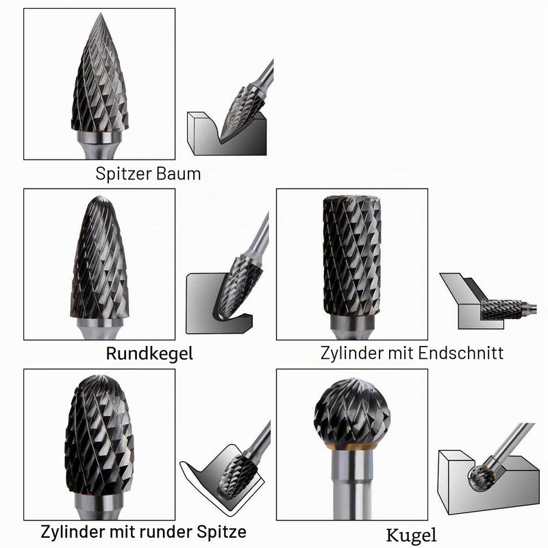ASNOMY Tungsten Carbide Cutter - 5 Piece Rasp Set 10 mm Carbide Rotary Milling Set Burr for Cutting Grinder, Metal Carving, Polishing, Engraving, Drilling with 6 mm Shank Milling Bit Set 5 x 1/4" Shank Carbide Rotary Burr