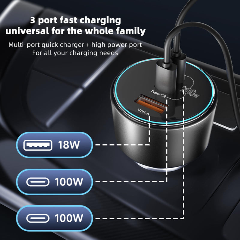 USB C Car Charger Fast Charging 200W, Dual PD 100W Type C Car Charger, PD3.0/QC4.0/PPS Cigarette Lighter Adapter for Phone 15/14/13/12, Galaxy S22/S21 Ultra, MacBook, Laptop etc