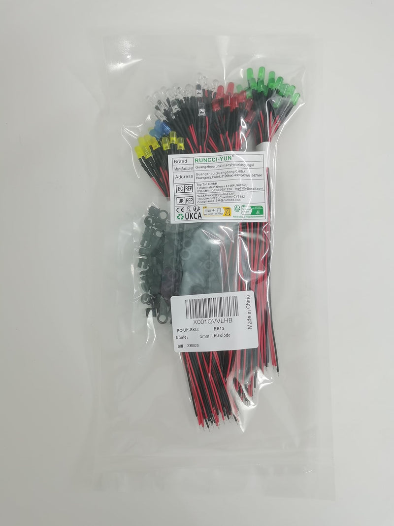 RUNCCI-YUN Pack of 100 5 mm 3V-9V-12V LED diodes, LED with cable 12 V, model railway H0 lighting RC model building LED diodes light + 100 pieces 5 mm LED mounting rings plastic (red, yellow, green, white, blue)