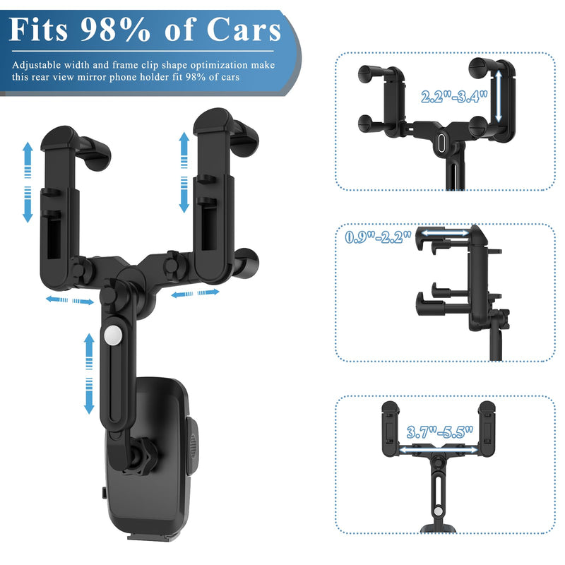 Phone Mount for Car, Rear View Mirror Phone Holder, Rotatable and Retractable Phone Holder for Car Compatible with iPhone Samsung All 4-7 Inch Cell Phones