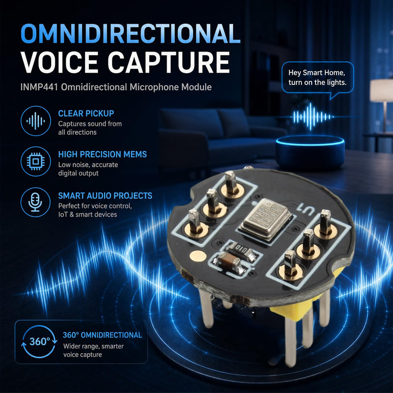INMP441 Microphone Module, Pack of 3 INMP441 Omnidirectional Microphone | 24-bit I2S MEMS interface, digital output, high precision, compatible with ESP-32 Arduino, with 10 pin jumper cable