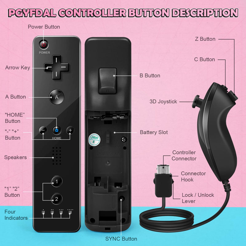 PGYFDAL Wii Controller 2 Pack, Wii Remote Controller and Nunchuck Joystick with Silicone Case and Wrist Strap for Holiday (Black and Pink) Black and Pink