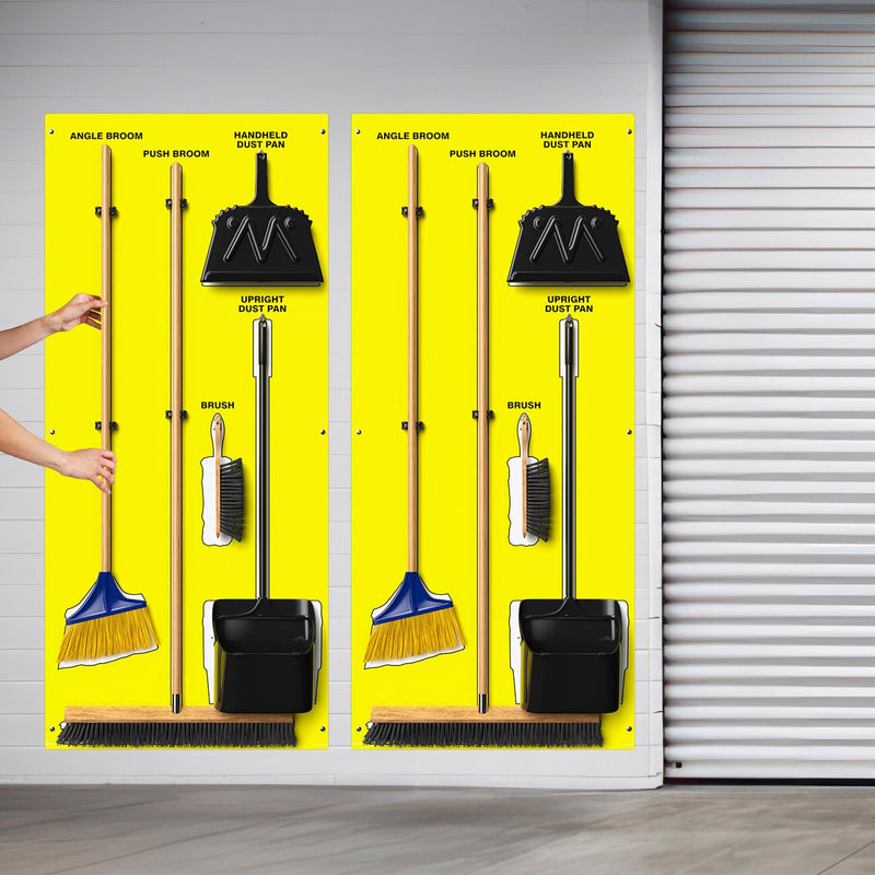 Clean & Sweep 5S Shadow Board/Wall Mount Broom Holder, 68" x 30" Board, 5S Cleaning Station - with Broom and Dustpan Set Included, Made in The USA by AccuformNMC, Yellow/White, PSB616YLWT