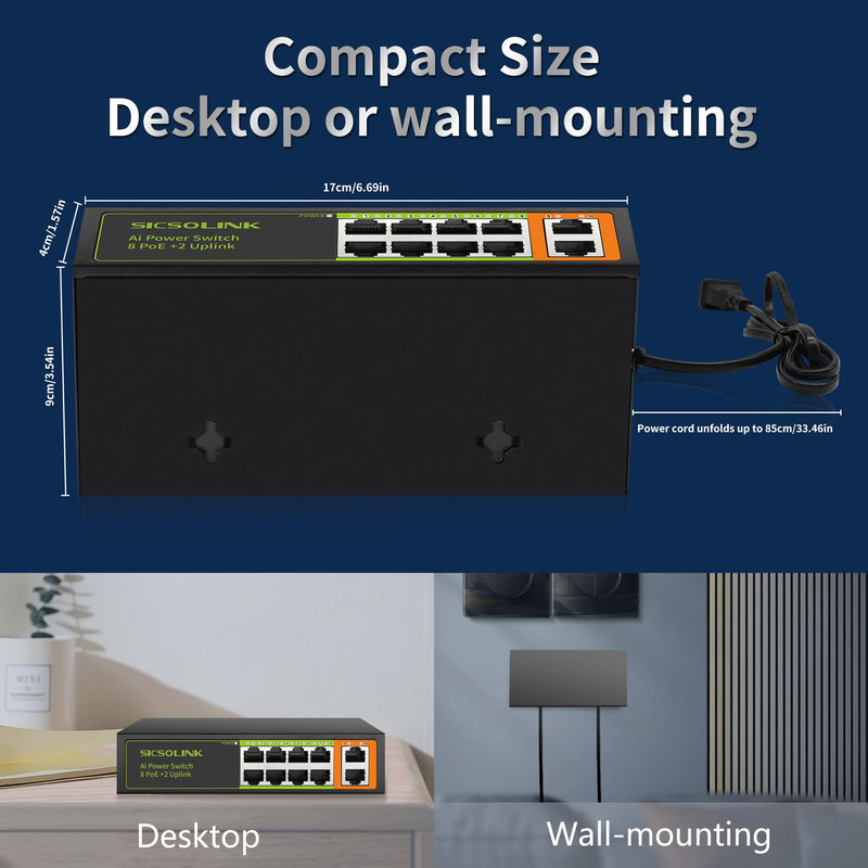 8 Ports PoE+ Ethernet Switch 2 Uplink 802.3af/at 120W Total Power 100Mbps Network Hub 20 Gbps Switch Capacity Unmanaged PoE Switch Suitable for IP Cameras Home & Office. 8*POE+2*FE