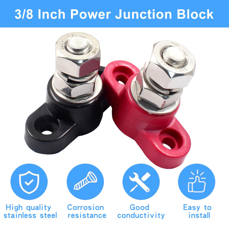 2 Pcs Battery Junction Posts Block 3/8 Inch Singe Stud Battery Junction Block M10 Power and Ground Junction Block 12V Power Junction Block for Auto Car Marine Boat Singe Stud-3/8