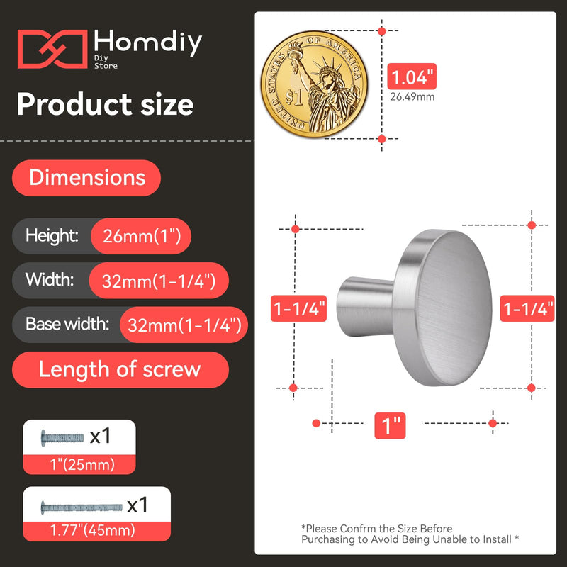 homdiy 10 Pack Brushed Nickel Cabinet Knobs Round Kitchen Handles Zinc Alloy Metal Hardware for Dresser Drawer Desk Cupboard