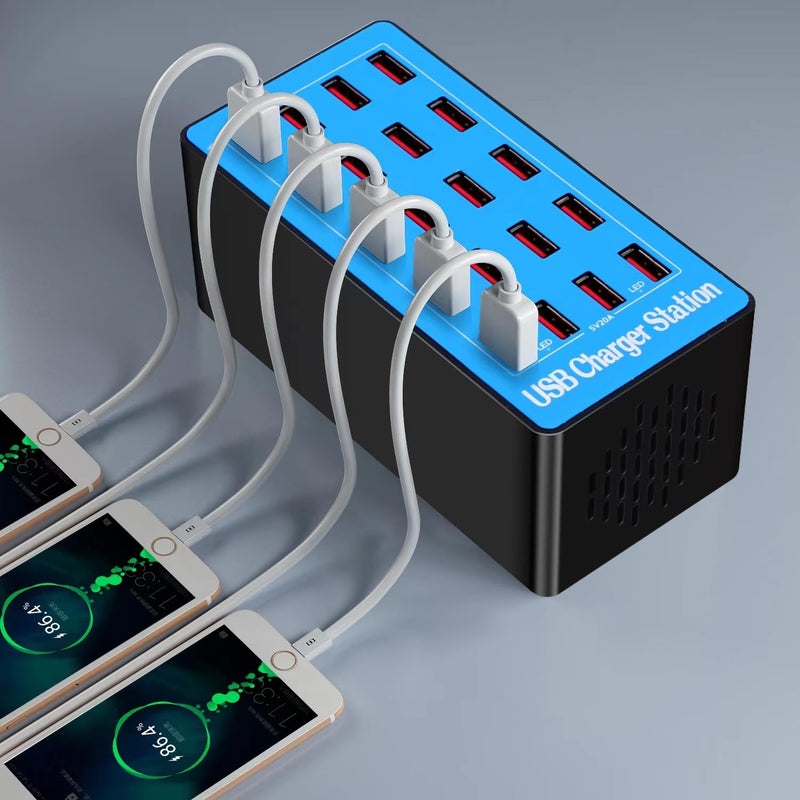 USB Charger Station,20-Port 100W/20A Multiple USB Charging Station,Multi Ports USB Charger Charging for Smartphones，Tablets，and Other USB Devices. LIght blue-20 port