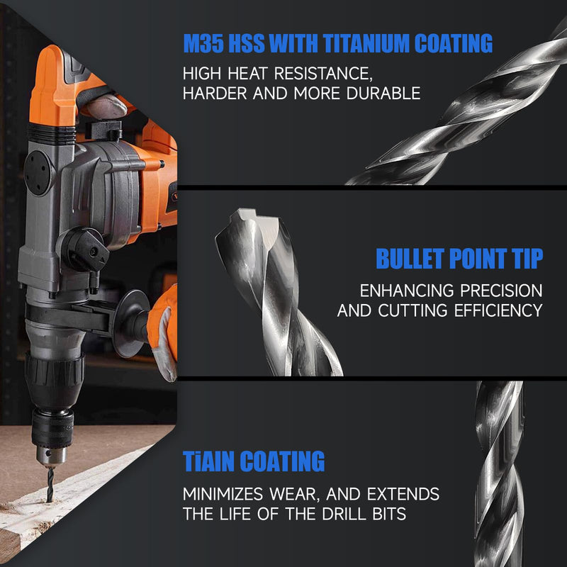 Pro Edge M35 Cobalt Drill Bit Set Titanium Aluminum Nitride Coated (TiAlN) with Bullet Point Tip 20pcs Metal Drill Bit Set for Stainless Steel Hardened Metal Cast Iron (1/16"-1/2") 20pcs 1/16"-1/2" Black 20