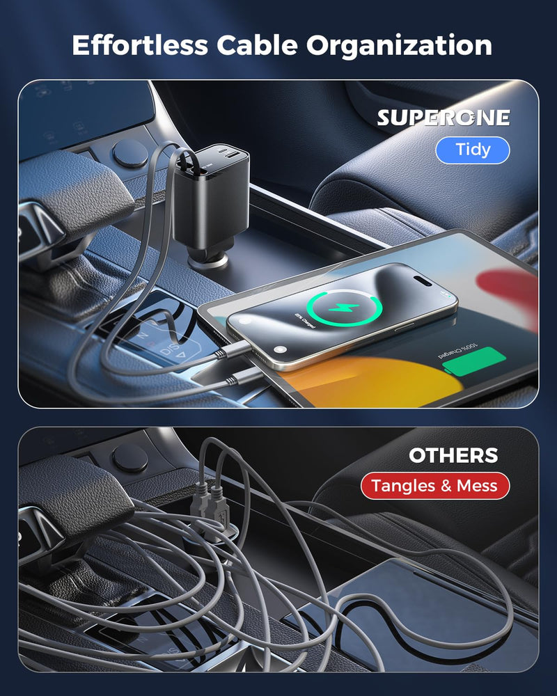 [2024 Upgraded] 4 in 1 Retractable Car Charger, SUPERONE Smaller Fast Car Phone Charger 69W with Cord, USB C and Lightning Car Charger Adapter, Compatible iPhone 15/15 Pro Max/14/13/12/11, Sumsung Black