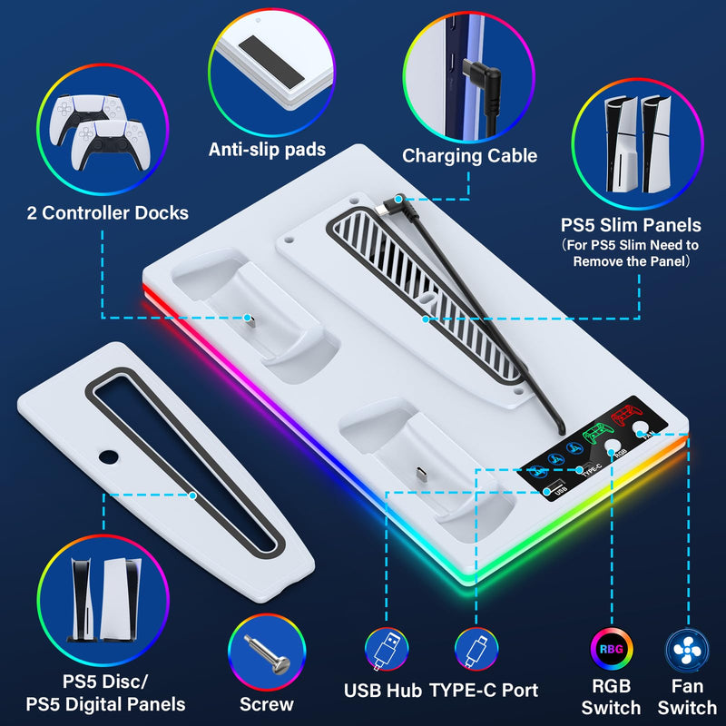 PS5/PS5 Slim Stand and Cooling Station with Controller Charging Station for Playstation 5 Slim&Standard Disc/Digital Console, 10 RGB Light PS5 Cooler Accessories Incl 3 Levels Cooling Fan/USB Hub