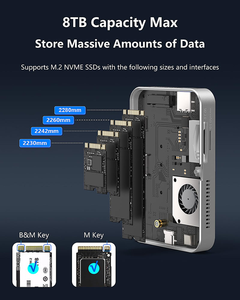 Magnetic M.2 NVMe Enclosure with Cooling Fan, 7 in 1 USB C Hub 10Gbps Data Transfer 4K@60Hz HDMI 100W Power Delivery SD/TF Card Reader M.2 NVMe SSD Docking Station for Type-C Devices