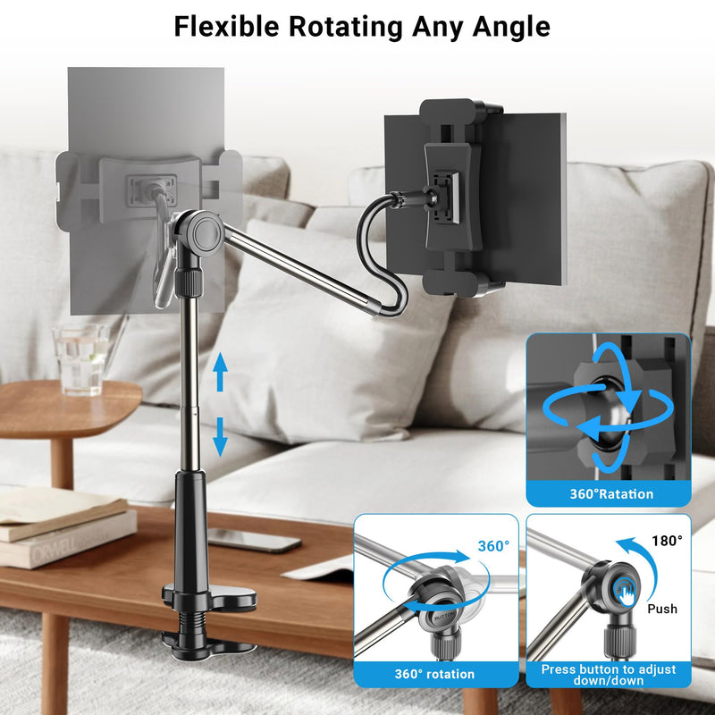 Foldable Desk Tablet Mount for iPad Portable Monitor 4.7-15.6'', Long Gooseneck Tablet Arm Holder, Table Tripod with Clamp Compatible with Surface Pro, All iPad Pro 12.9