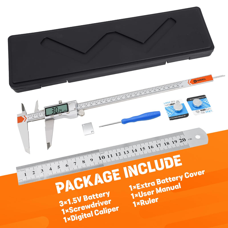 HARDELL 12" Digital Caliper, All-Metal Electronic Micrometer with Large LCD, Inch/Metric/Fraction Conversion, Precision Measuring Tool for Household & DIY (2 Batteries Included) 12 Inch