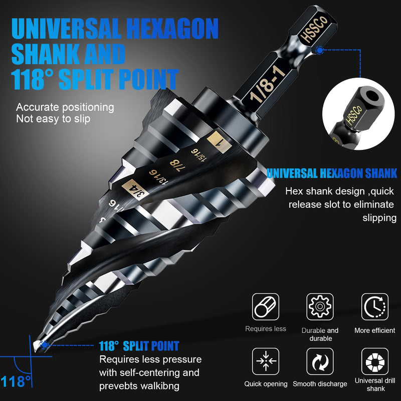 Four Spiral Flute M35 Step Drill Bit Set 1/4"-1"(3 pcs 30 Sizes), 1/4" Shank for Metal Step Drill bit, Impact Resistant Cobalt Step Drill Bit, for Stainless Steel, Wood, Aluminum, Plastic Spiral 1/4"-1"