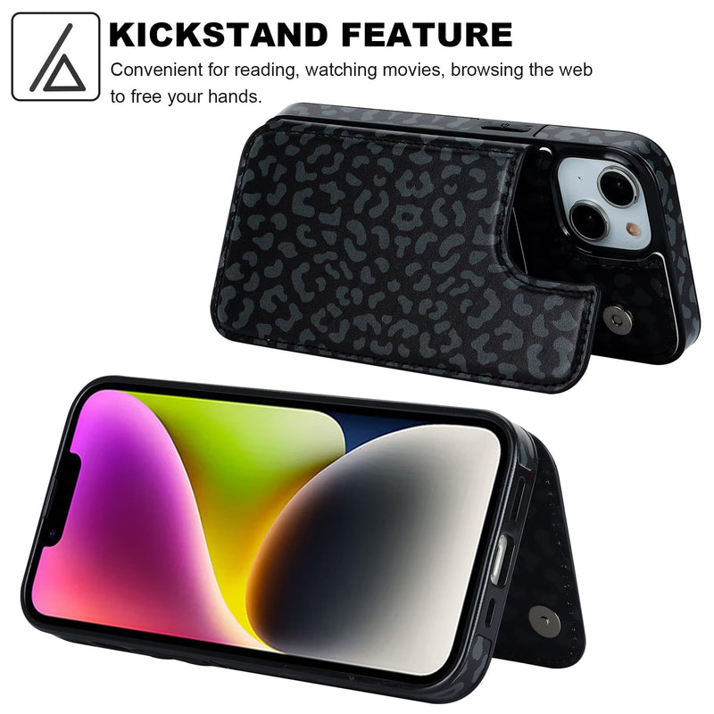 HAOPINSH for iPhone 13/14 Wallet Case with Card Holder, Black Leopard Cheetah Pattern Back Flip Case PU Leather Kickstand Card Slots Case for Women Girls, Double Magnetic Clasp Cover 6.1"