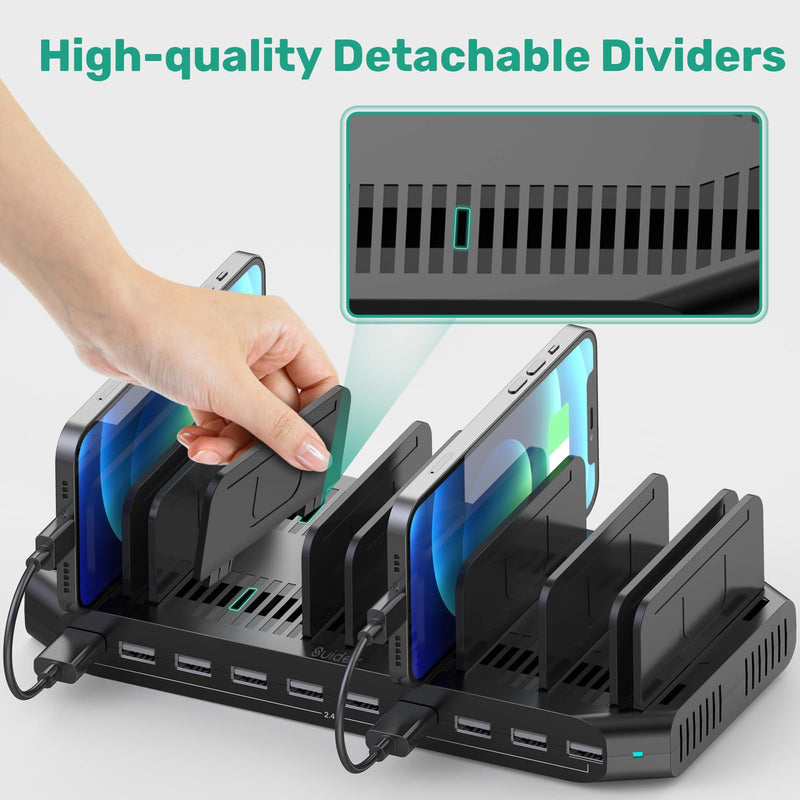 10-Port Multi Charging Station, 60W USB Tablet Charging Station for Multiple Devices, USB Charging Dock Multi Device Charger Organizer with Adjustable Dividers for Tablets, Smartphones Ebony