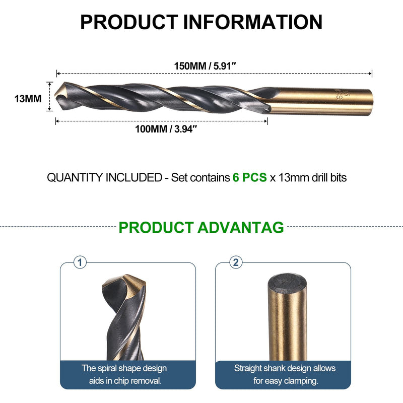METALLIXITY Drill Bit (13mm) 6pcs, 4341 High-Speed Steel Straight Shank 118° Black and Gold Finish for Copper Aluminum Wood Plastic Medium Hard Metal 13mm 6