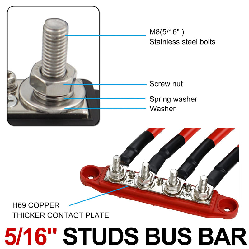 Power Distribution Block 12V Bus bar 5/16" 275A M8 Bus Bar Terminal Block 4 Post Junction Block Max 48V Battery Distribution Block With Cover For Car, Marine and Solar Wiring (Pair, Positive&Negative) 5/16"